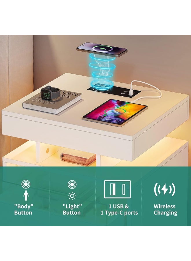 YY-ريشير طاولة جانبية ذكية مزودة بمحطة شحن لاسلكي، وطاولة تخزين بجانب السرير مع إضاءة بستة ألوان، وطاولة جانبية بدرجين لغرفة النوم وغرفة المعيشة - Image 2